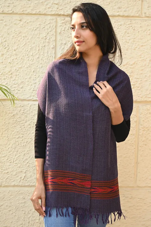 The ICH Exclusive Soft Himachal Wool Muffler With Woven Border - Purple Ink