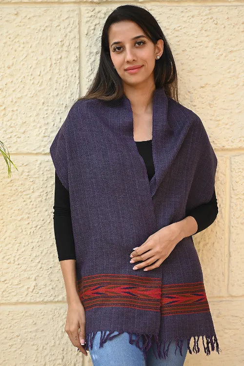 The ICH Exclusive Soft Himachal Wool Muffler With Woven Border - Purple Ink