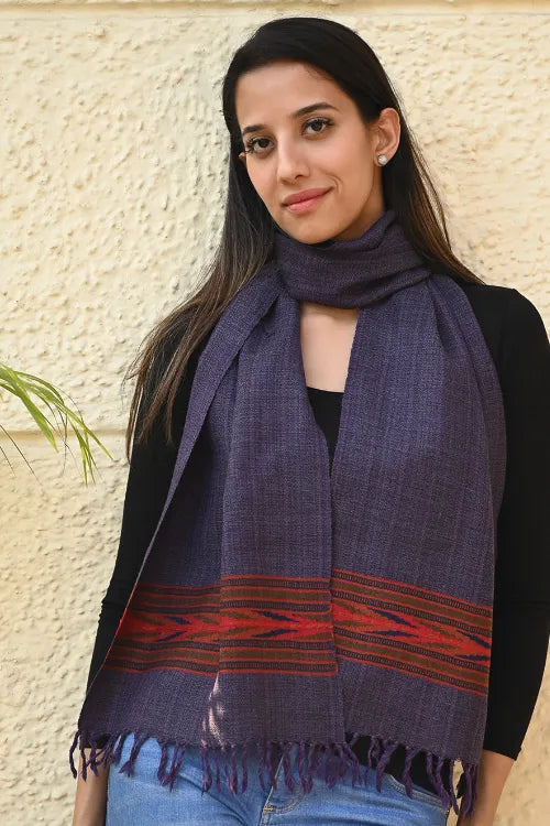 The ICH Exclusive Soft Himachal Wool Muffler With Woven Border - Purple Ink
