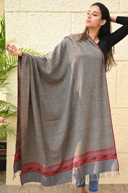 The ICH Exclusive Soft Himachal Wool Shawl With Woven Border - Driftwood