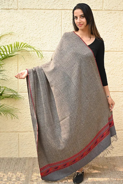 The ICH Exclusive Soft Himachal Wool Shawl With Woven Border - Driftwood
