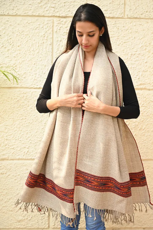 The ICH Exclusive Soft Himachal Wool Shawl With Woven Border - Almond Trail
