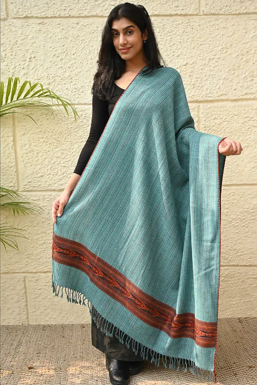 The ICH Exclusive Soft Himachal Wool Shawl With Woven Border - Seafoam Teal