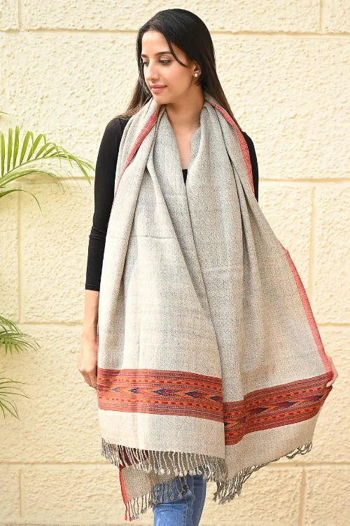 The ICH Exclusive Soft Himachal Wool Shawl With Woven Border - Coral Sand