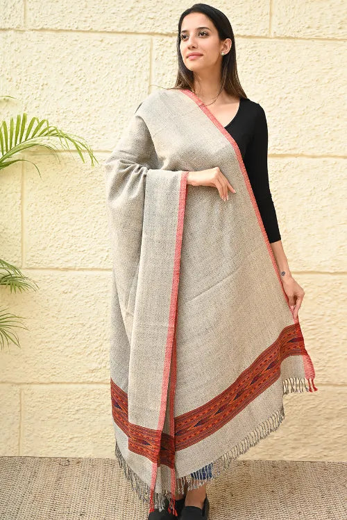 The ICH Exclusive Soft Himachal Wool Shawl With Woven Border - Coral Sand