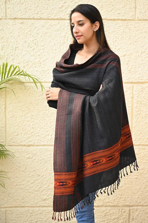 The ICH Exclusive Soft Himachal Wool Shawl With Woven Border - Darkwood