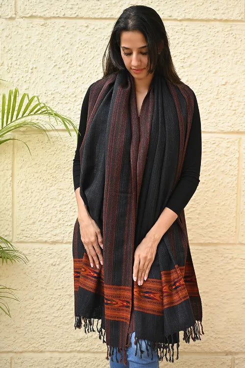 The ICH Exclusive Soft Himachal Wool Shawl With Woven Border - Darkwood