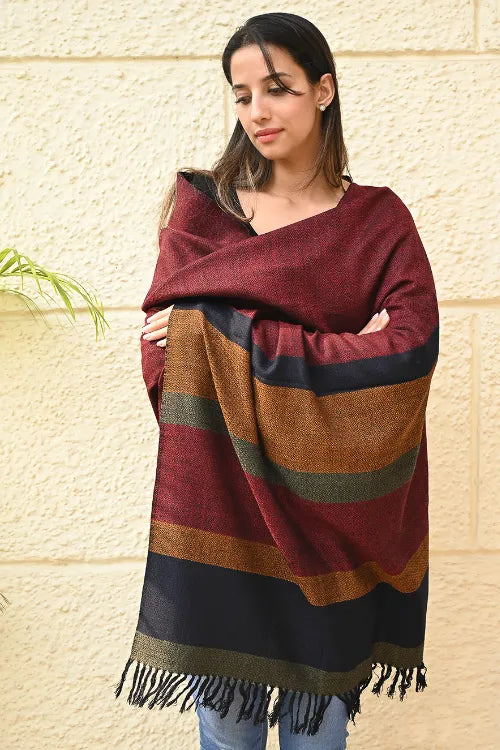 The ICH Exclusive Soft Himachal Wool Shawl With Woven Border - Oak-Red Cascade