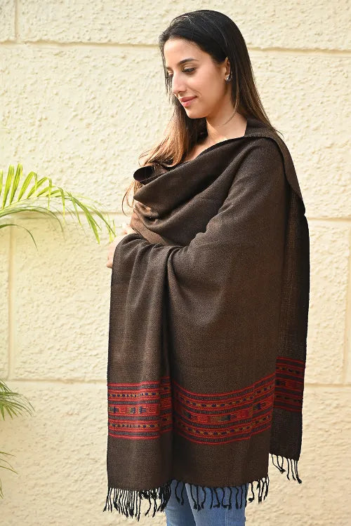 The ICH Exclusive Soft Himachal Wool Shawl With Woven Border - Melted Chocolate