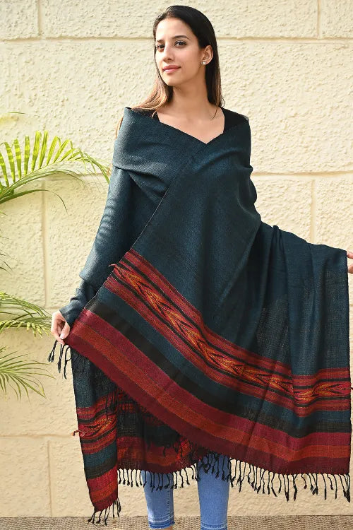 The ICH Exclusive Soft Himachal Wool Shawl With Woven Border - Tealwood Ember