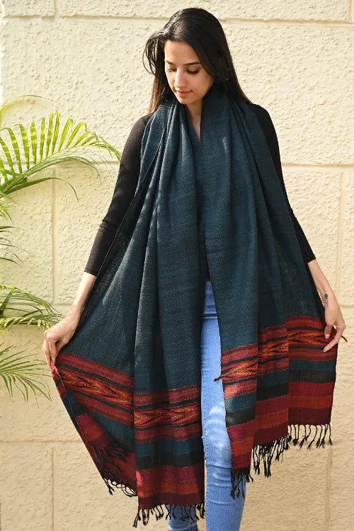 The ICH Exclusive Soft Himachal Wool Shawl With Woven Border - Tealwood Ember