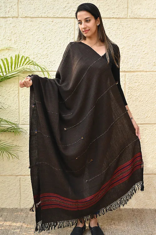 The ICH Exclusive Soft Himachal Wool Shawl With Woven Border - Starry Nights