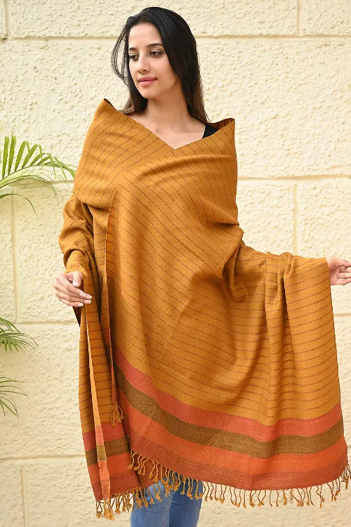 The ICH Exclusive Soft Himachal Wool Shawl With Woven Border - Saffron Spice
