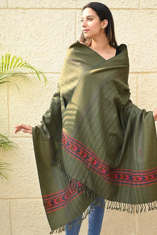 The ICH Exclusive Soft Himachal Wool Shawl With Woven Border - Henna Trail