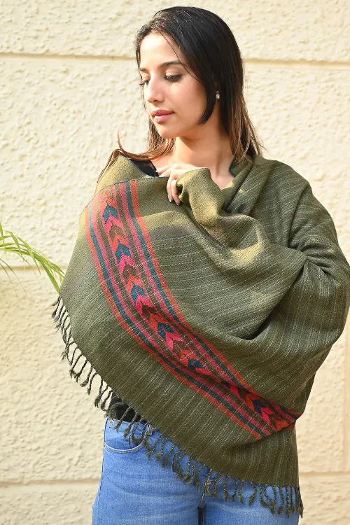 The ICH Exclusive Soft Himachal Wool Shawl With Woven Border - Henna Trail