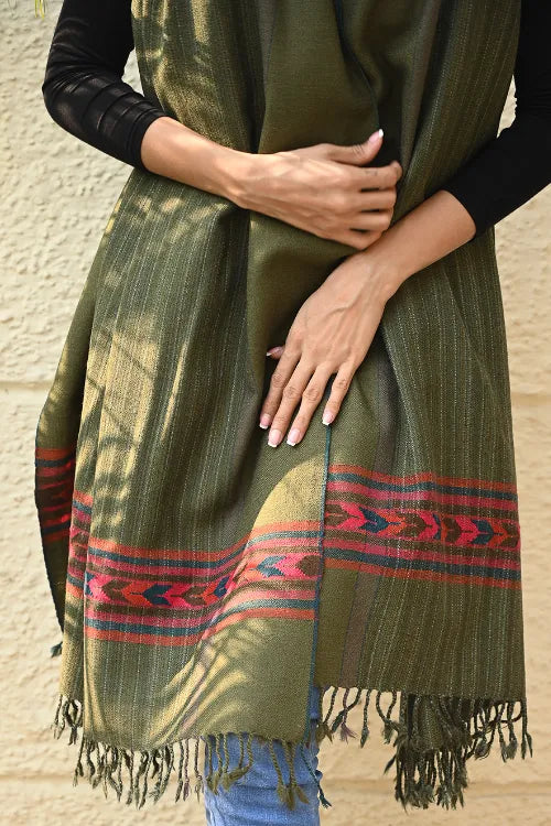 The ICH Exclusive Soft Himachal Wool Shawl With Woven Border - Henna Trail