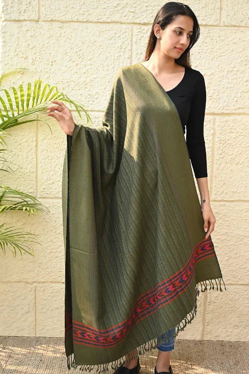 The ICH Exclusive Soft Himachal Wool Shawl With Woven Border - Henna Trail