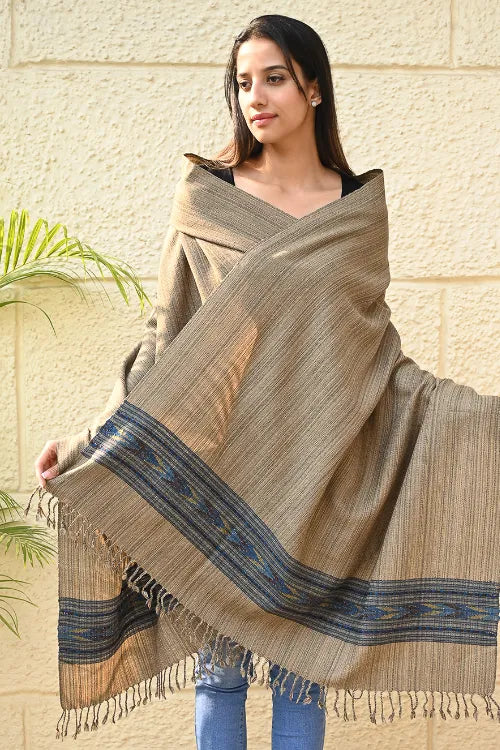 The ICH Exclusive Soft Himachal Wool Shawl With Woven Border - Wheatfield