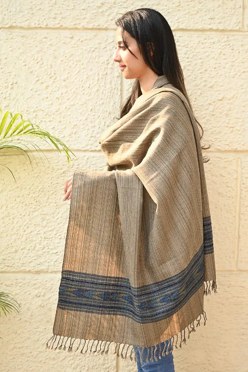 The ICH Exclusive Soft Himachal Wool Shawl With Woven Border - Wheatfield