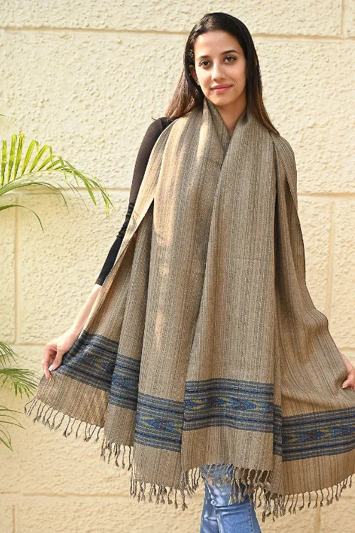 The ICH Exclusive Soft Himachal Wool Shawl With Woven Border - Wheatfield