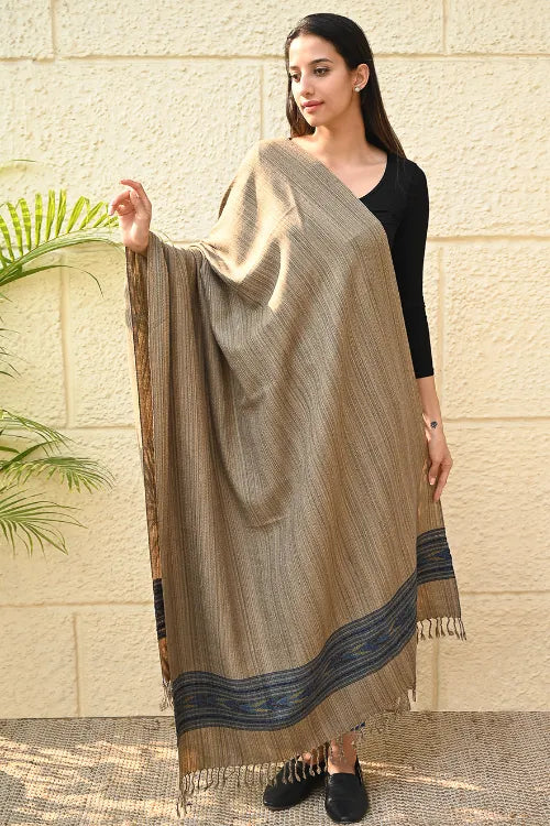 The ICH Exclusive Soft Himachal Wool Shawl With Woven Border - Wheatfield