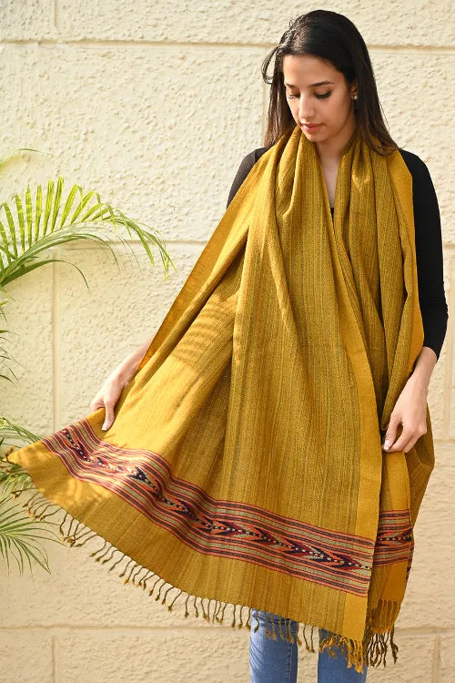 The ICH Exclusive Soft Himachal Wool Shawl With Woven Border - Deep Ochre
