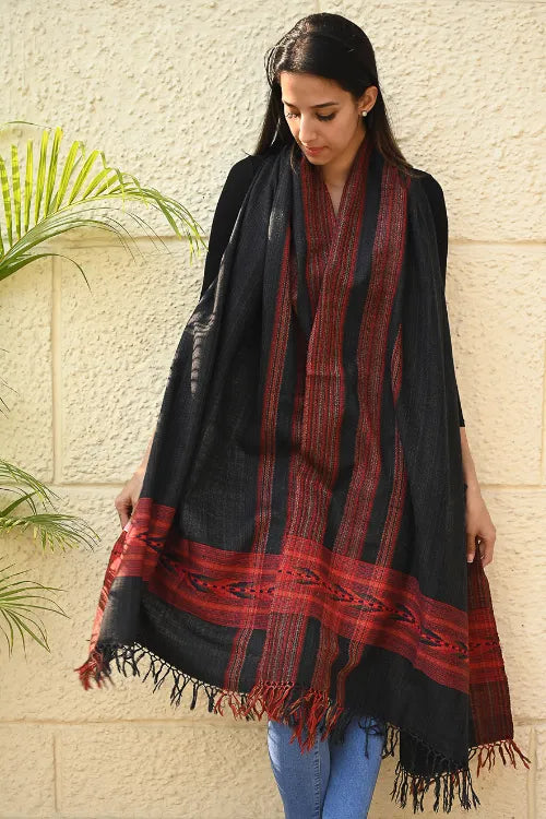 The ICH Exclusive Soft Himachal Wool Shawl With Woven Border - Graphite Glen