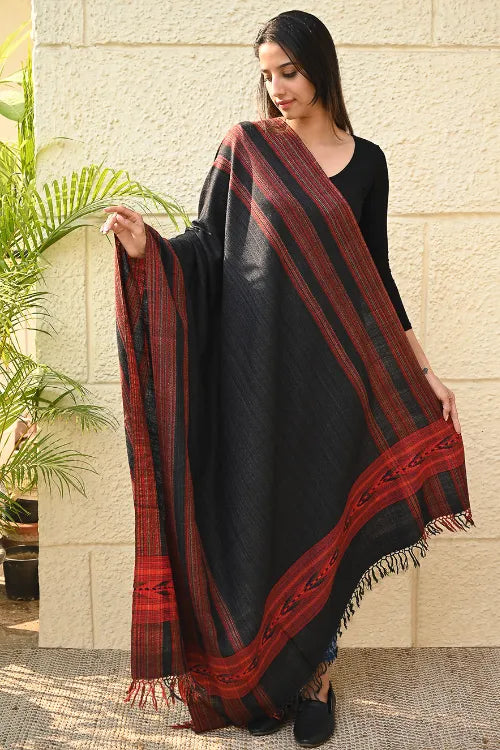 The ICH Exclusive Soft Himachal Wool Shawl With Woven Border - Graphite Glen