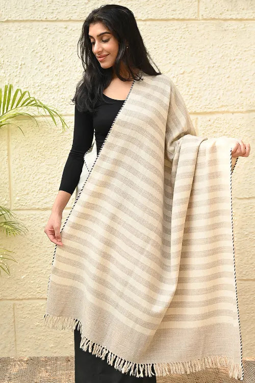 The ICH Exclusive Soft Himachal Wool Shawl With Woven Border - Vanilla Stripes