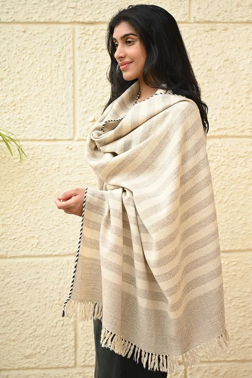 The ICH Exclusive Soft Himachal Wool Shawl With Woven Border - Vanilla Stripes