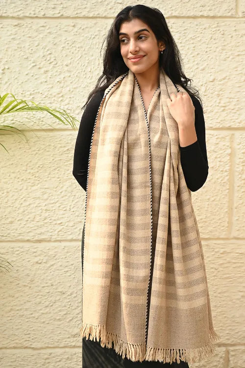 The ICH Exclusive Soft Himachal Wool Shawl With Woven Border - Baked Cream