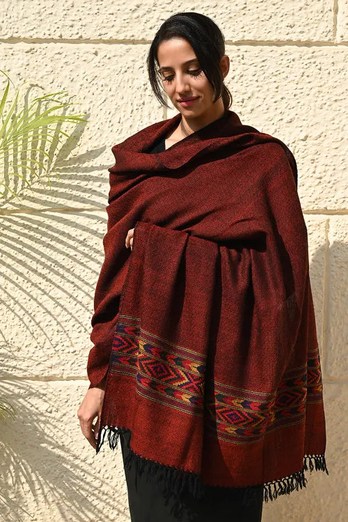 The ICH Exclusive Soft Himachal Wool Shawl With Woven Border - Spicy Wine