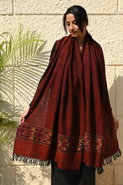 The ICH Exclusive Soft Himachal Wool Shawl With Woven Border - Spicy Wine