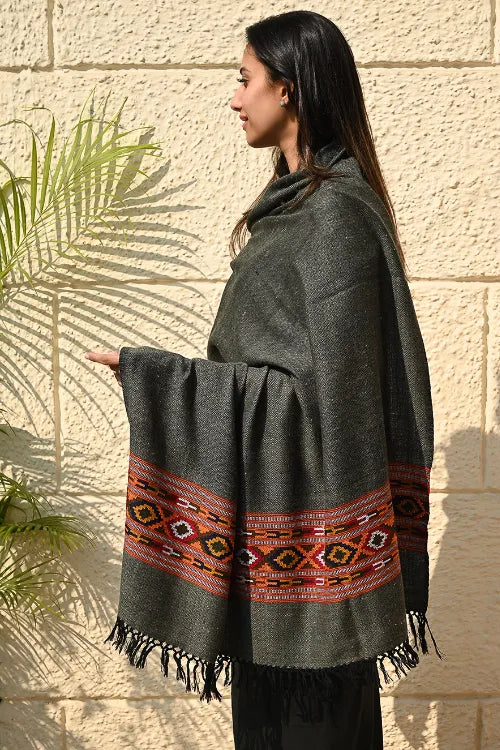 The ICH Exclusive Soft Himachal Wool Shawl With Woven Border - Slate Gray