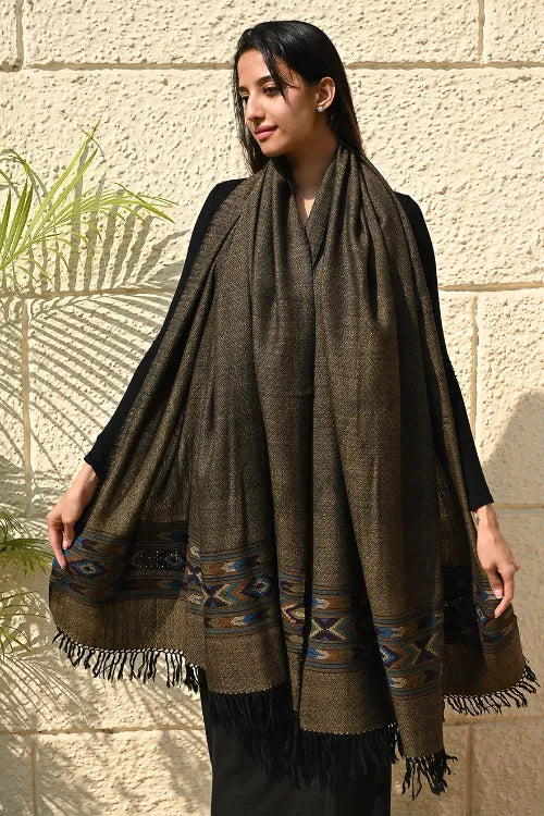The ICH Exclusive Soft Himachal Wool Shawl With Woven Border - Midnight Pine