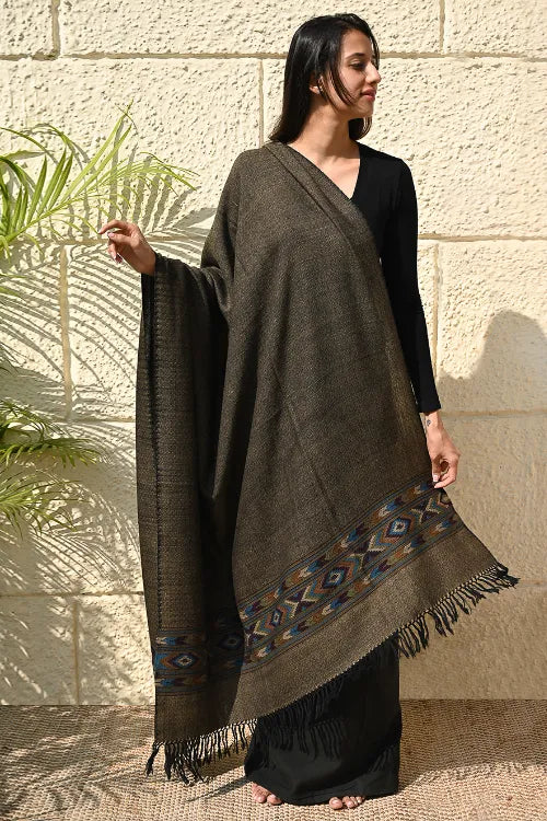 The ICH Exclusive Soft Himachal Wool Shawl With Woven Border - Midnight Pine
