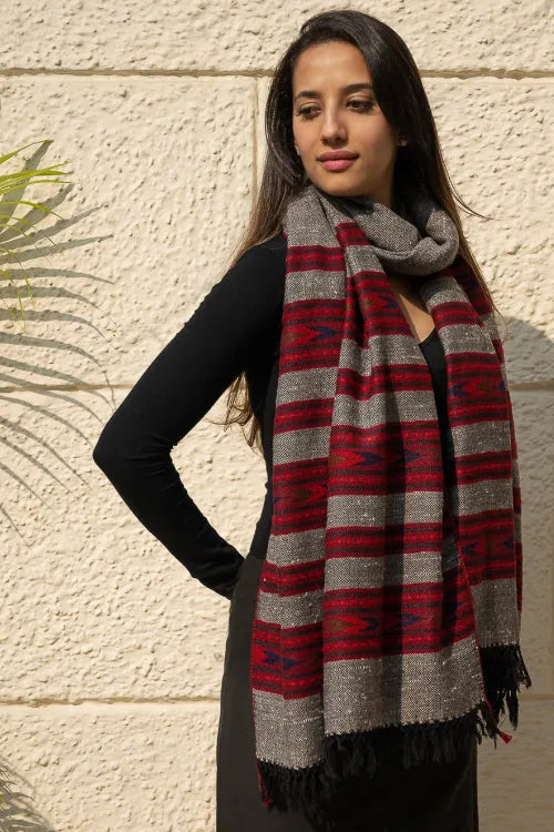 The ICH Fine, Soft Himachal Self Striped Wool Shawl - 3 Panels, Cherry On Graphite