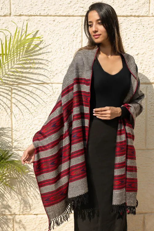 The ICH Fine, Soft Himachal Self Striped Wool Shawl - 3 Panels, Cherry On Graphite