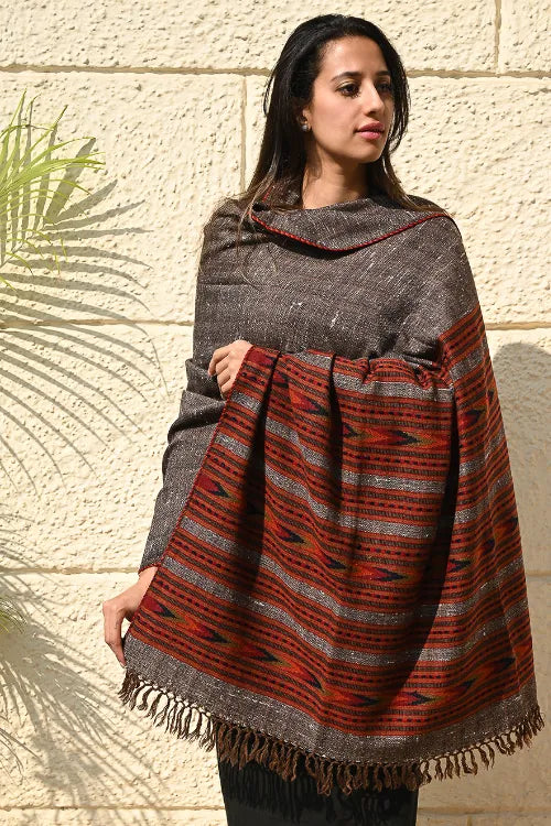 The ICH Fine, Soft Himachal Self Striped Wool Shawl - 3 Panels, Earthbound