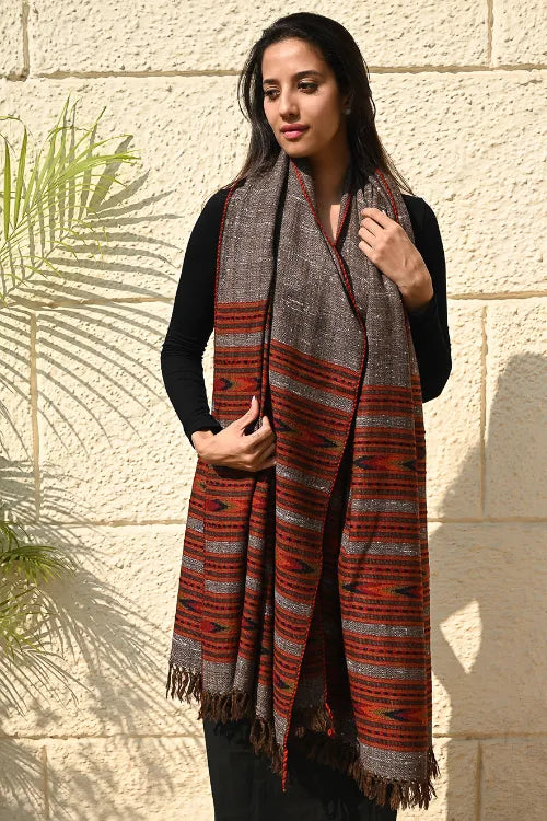 The ICH Fine, Soft Himachal Self Striped Wool Shawl - 3 Panels, Earthbound