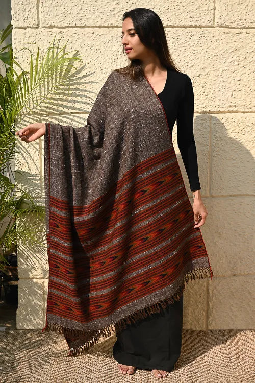 The ICH Fine, Soft Himachal Self Striped Wool Shawl - 3 Panels, Earthbound