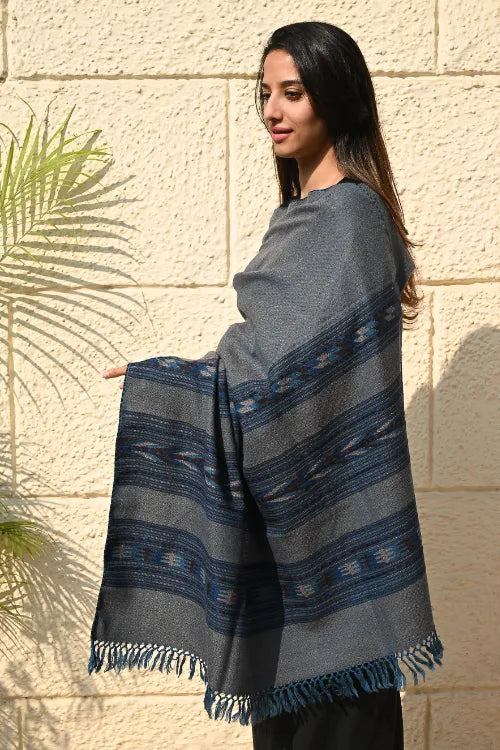 The ICH Fine, Soft Himachal Self Striped Wool Shawl - 3 Panels, Dune Sapphire