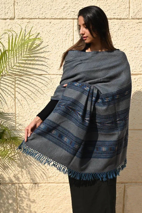 The ICH Fine, Soft Himachal Self Striped Wool Shawl - 3 Panels, Dune Sapphire