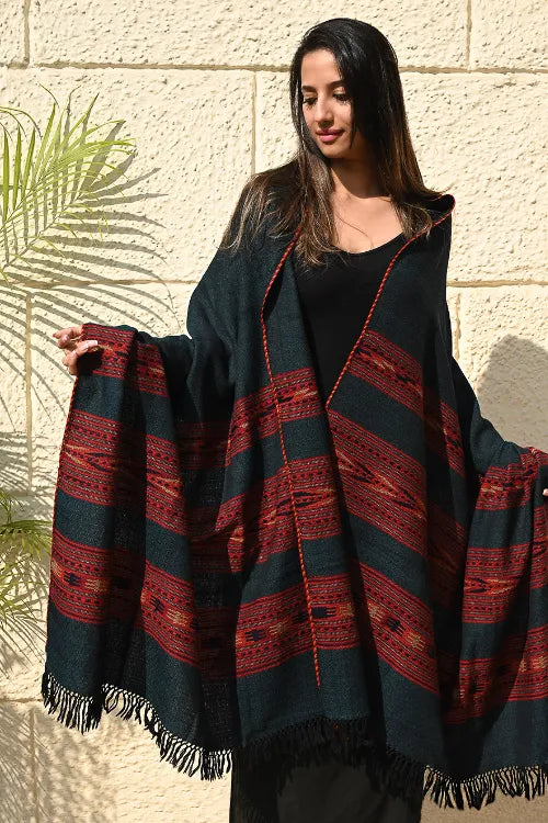 The ICH Fine, Soft Himachal Self Striped Wool Shawl - 3 Panels, Deep Alpine Teal