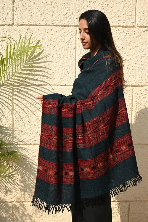 The ICH Fine, Soft Himachal Self Striped Wool Shawl - 3 Panels, Deep Alpine Teal