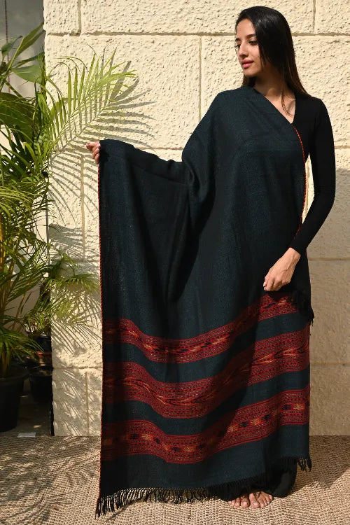 The ICH Fine, Soft Himachal Self Striped Wool Shawl - 3 Panels, Deep Alpine Teal