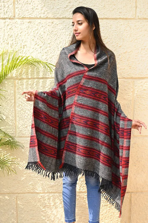 The ICH Fine, Soft Himachal Self Striped Wool Shawl - 3 Panels, Blush Granite