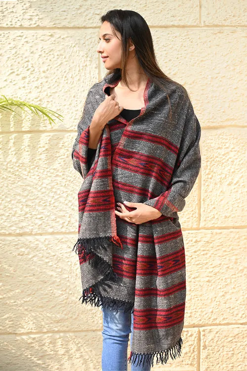 The ICH Fine, Soft Himachal Self Striped Wool Shawl - 3 Panels, Blush Granite