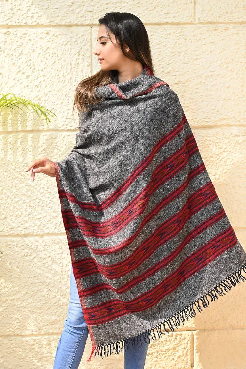 The ICH Fine, Soft Himachal Self Striped Wool Shawl - 3 Panels, Blush Granite