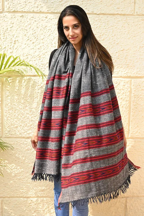 The ICH Fine, Soft Himachal Self Striped Wool Shawl - 3 Panels, Blush Granite